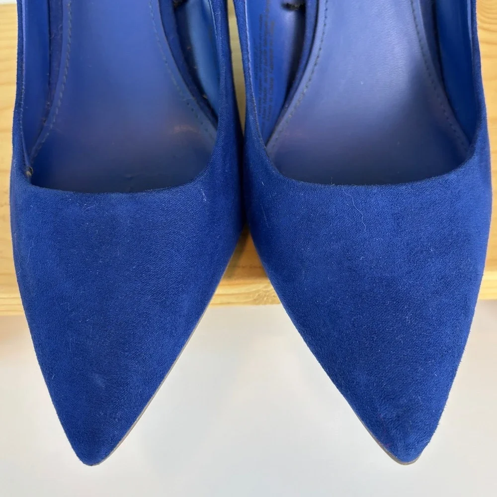Marc New York Royal Blue Suede Pointed Toe Block Heel Pumps Gold Trim 10M